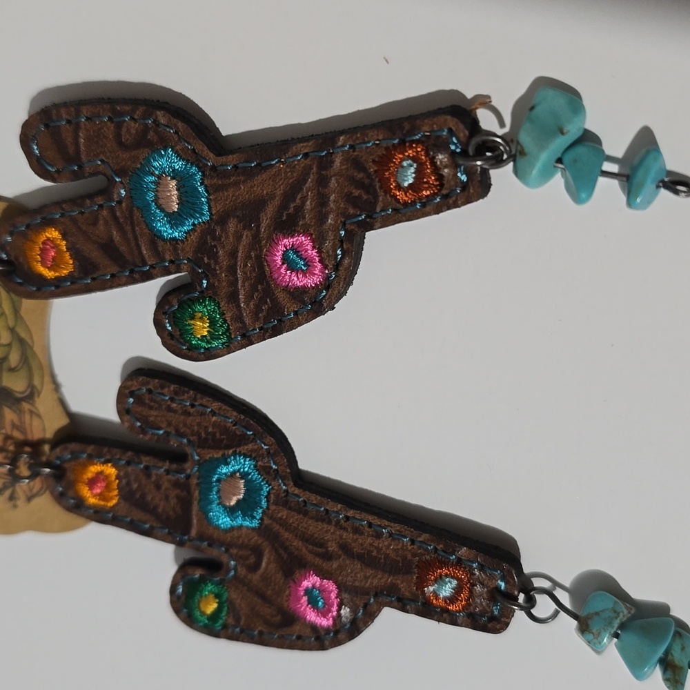 NWT Justin Tooled Leather Vibrant Colored Embroidered Turquoise Stone Earrings